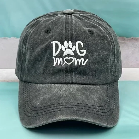 Vintage Washed "Dog Mom" Embroidered Baseball Cap - Picture 1 of 6